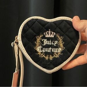 Juicy Couture Black Quilted Heart Velvet Wristlet with White Trim and Gold Crest